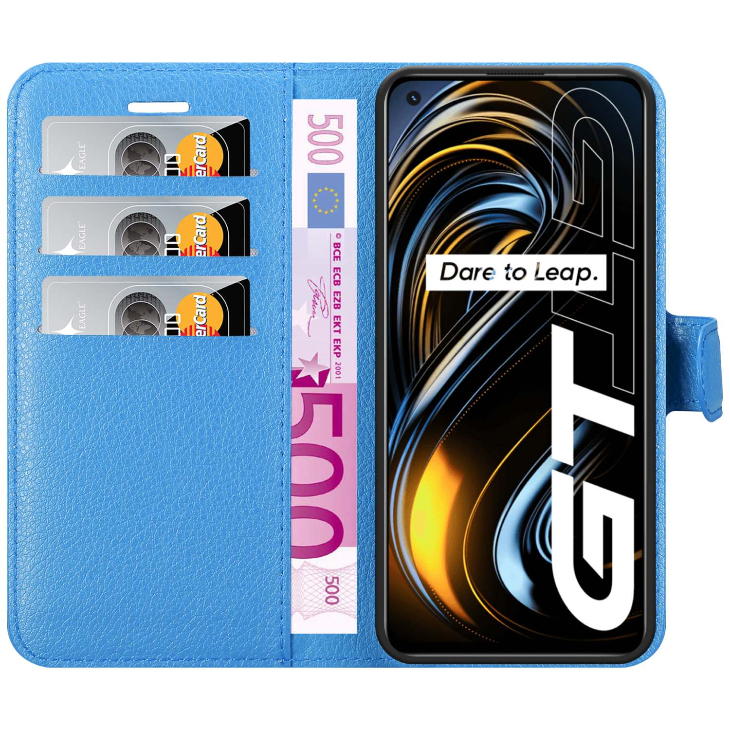 Custodia blu aperta con telefono e denaro dentro. Tre carte di credito nella custodia.