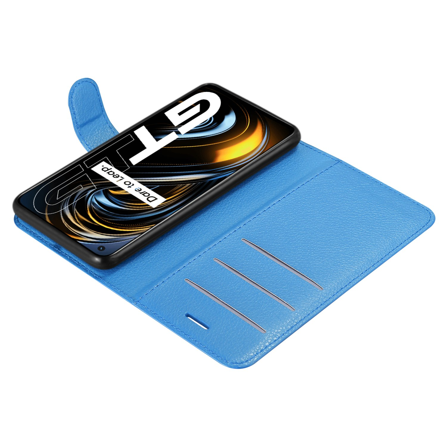 Una custodia blu per telefono con un telefono all'interno, che mostra uno schermo mobile. La custodia è aperta.