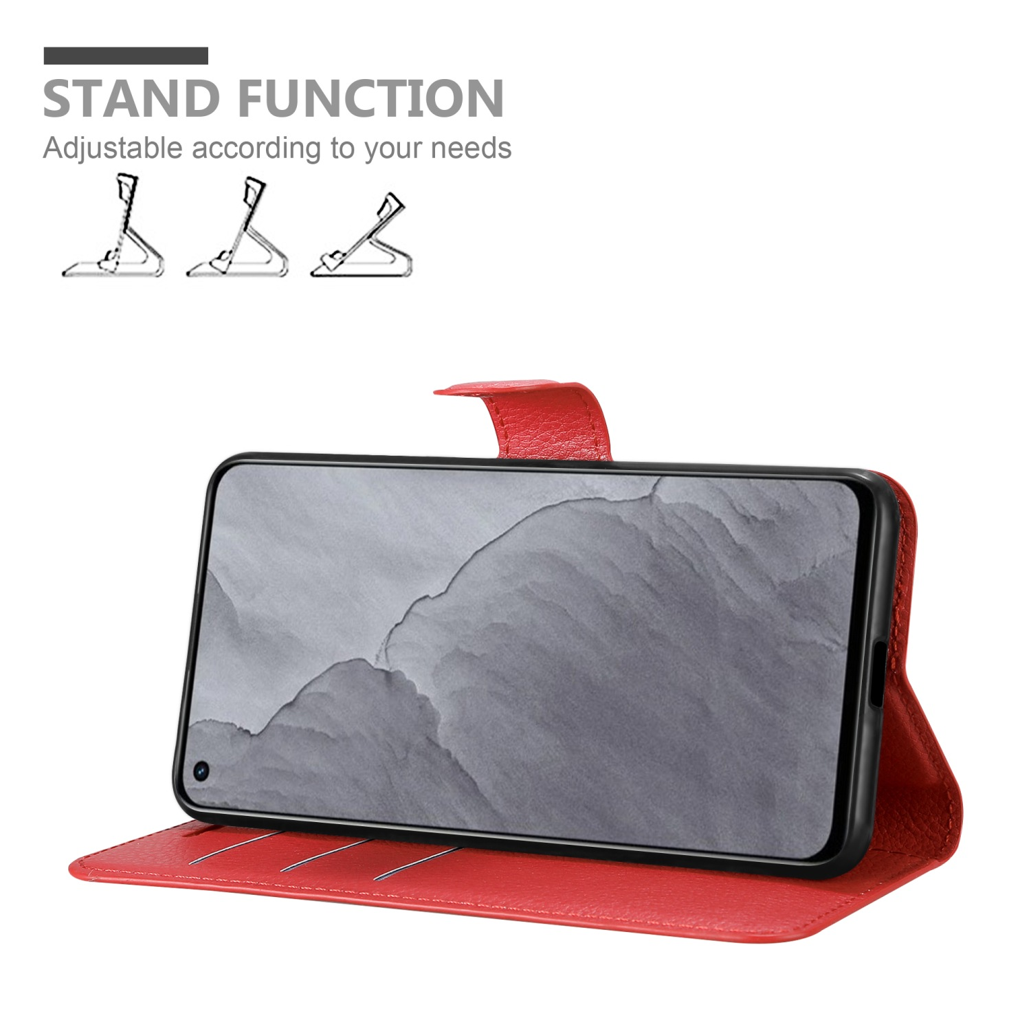 Custodia rossa con telefono sul supporto. Testo in alto: STAND FUNCTION.