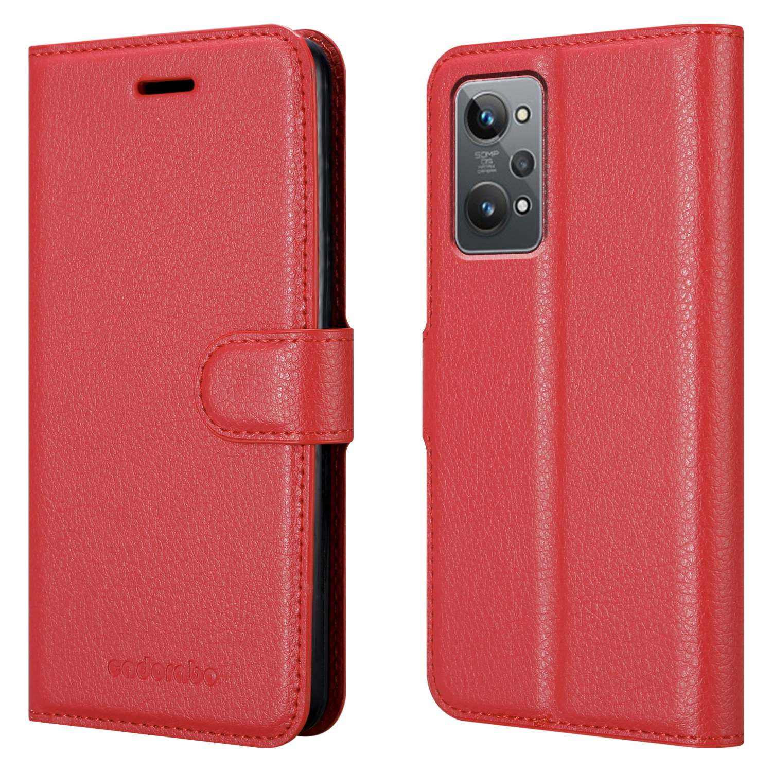 Custodia per telefono rossa, chiusa e aperta, con chiusura magnetica. Il telefono è visibile nella custodia aperta.