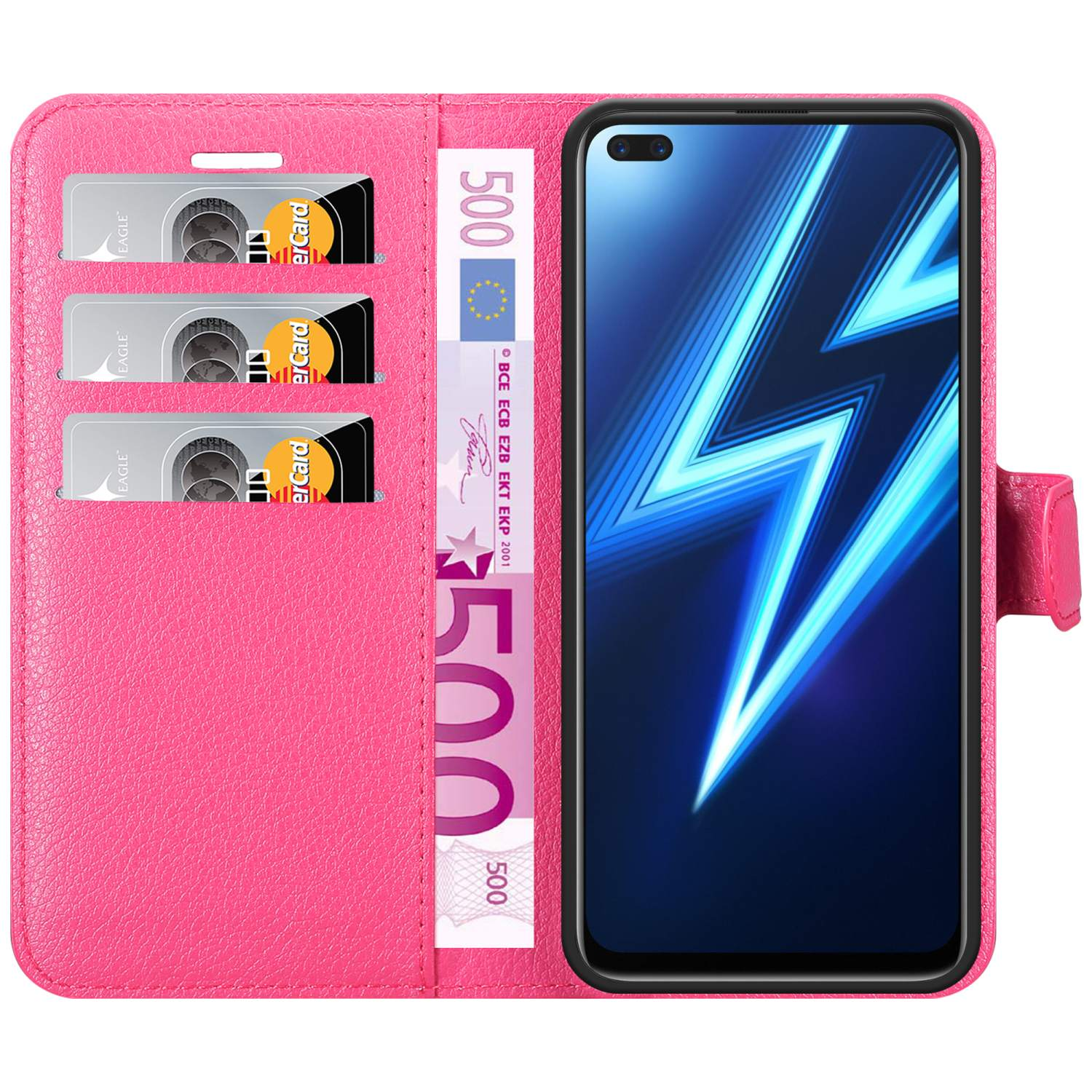 Custodia per telefono rosa con telefono e carte all'interno, aperta su un tavolo. Testo: Funzione supporto.