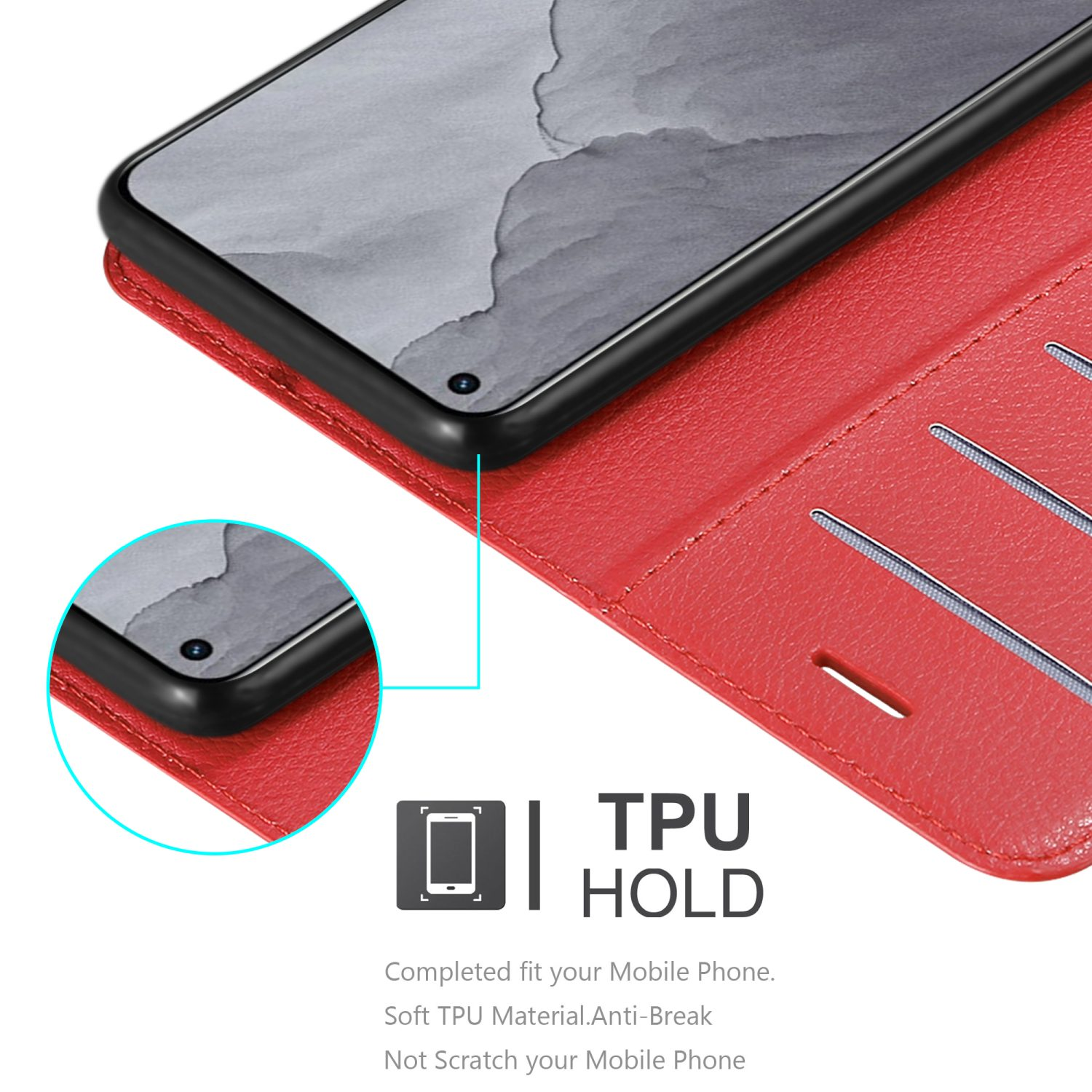 Custodia per telefono rossa con telefono all'interno. Testo: TPU HOLD. Testo in basso: Materiale TPU morbido. Anti-rottura.