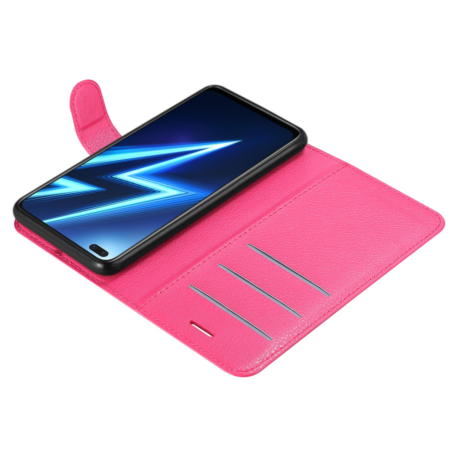 Custodia per telefono rosa con telefono all'interno, patta e fessure per carte. Lo schermo mostra un motivo blu.