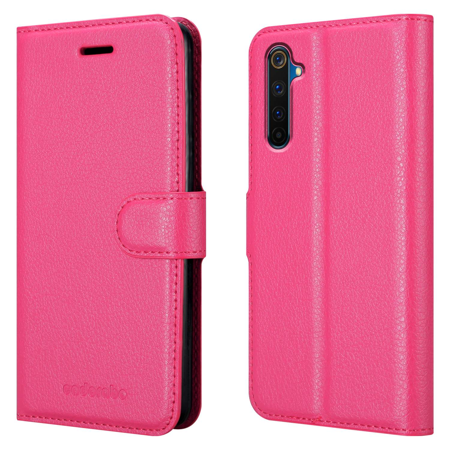 Custodia per telefono rosa. Viste aperte e chiuse. Il marchio codrabro è visibile all'interno.