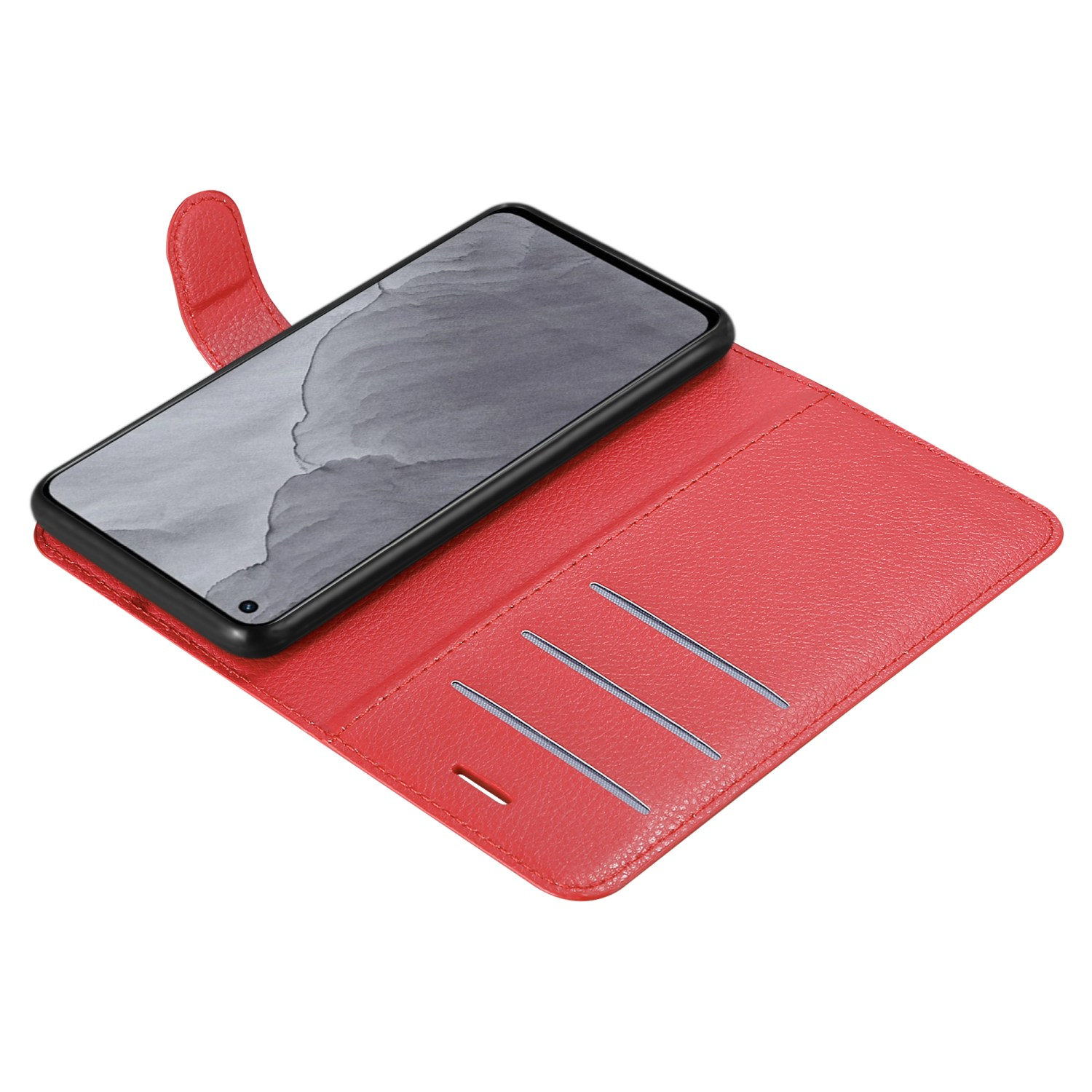 Custodia rossa per telefono aperta. Un telefono nero è all'interno. Fessure per carte all'interno.
