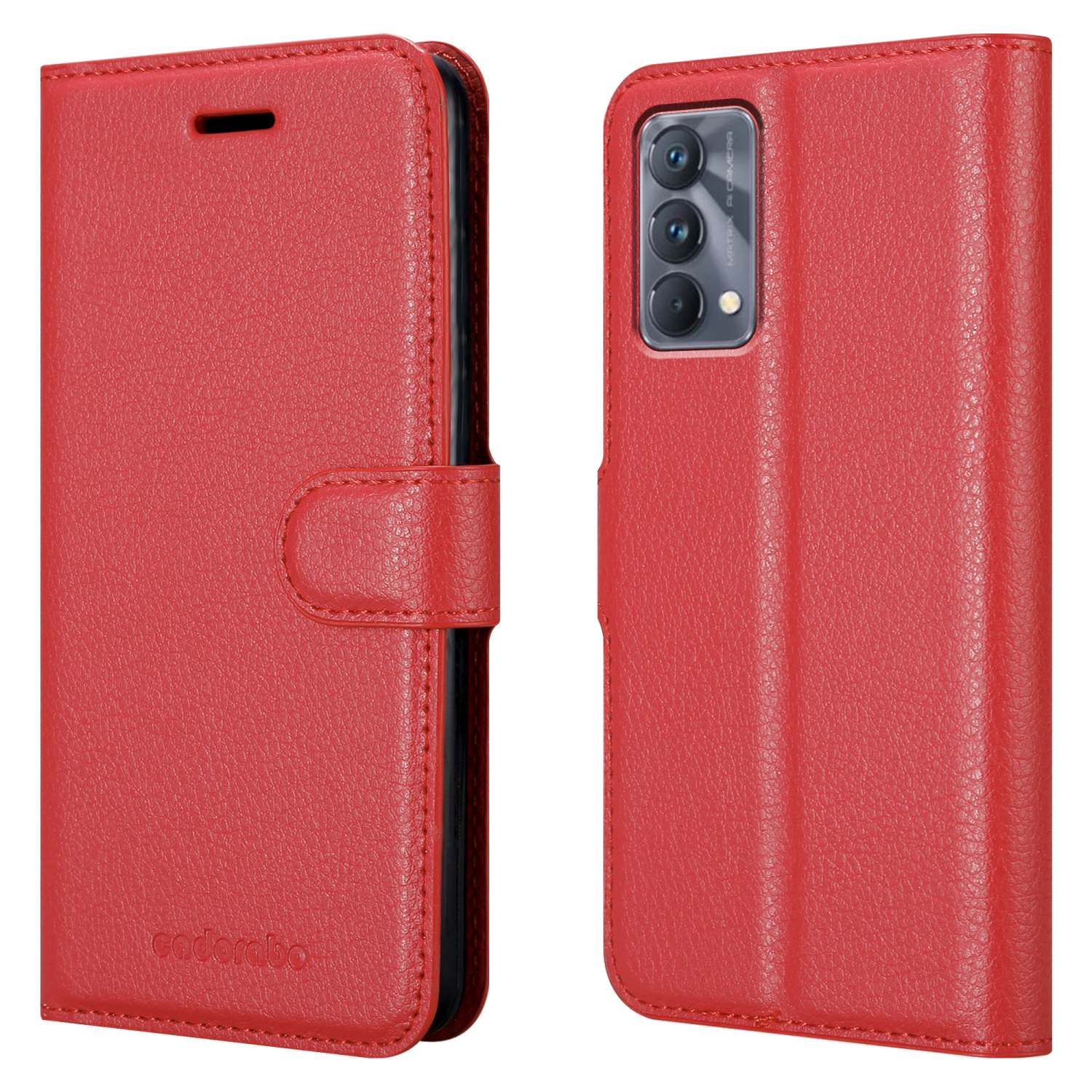 Custodia rossa per telefono, aperta per mostrare il telefono. Chiusura magnetica. Visibile il retro della custodia.
