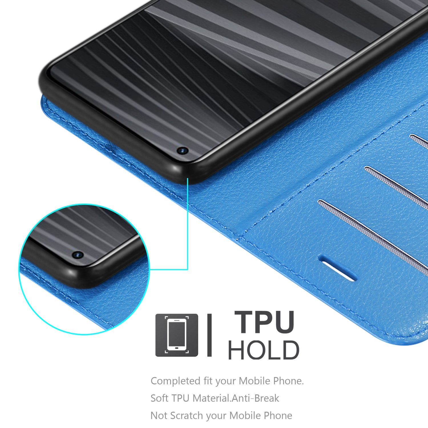 Custodia blu per telefono, aperta, con un telefono all'interno. Testo: Supporto in TPU.