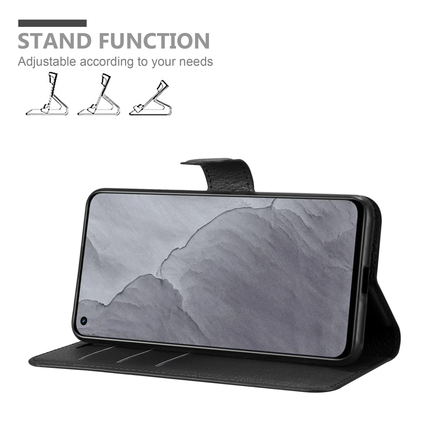 Una custodia per telefono nera con funzione stand è mostrata, con un telefono che mostra un'immagine in scala di grigi.