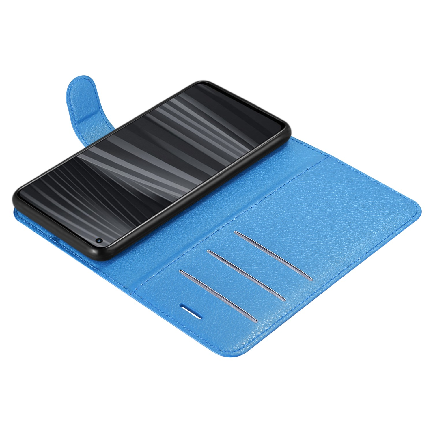 Custodia per telefono blu, aperta. Telefono all'interno. Sfondo blu.