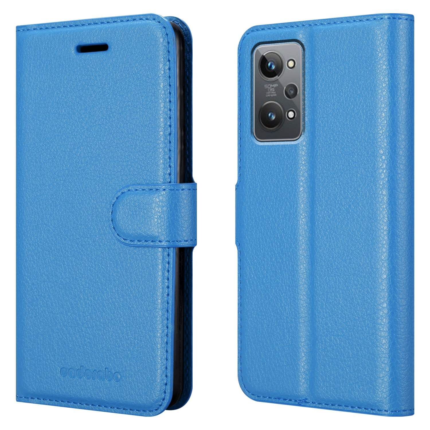 Custodia per telefono blu aperta e chiusa. La custodia chiusa ha la fotocamera di un telefono e il marchio.
