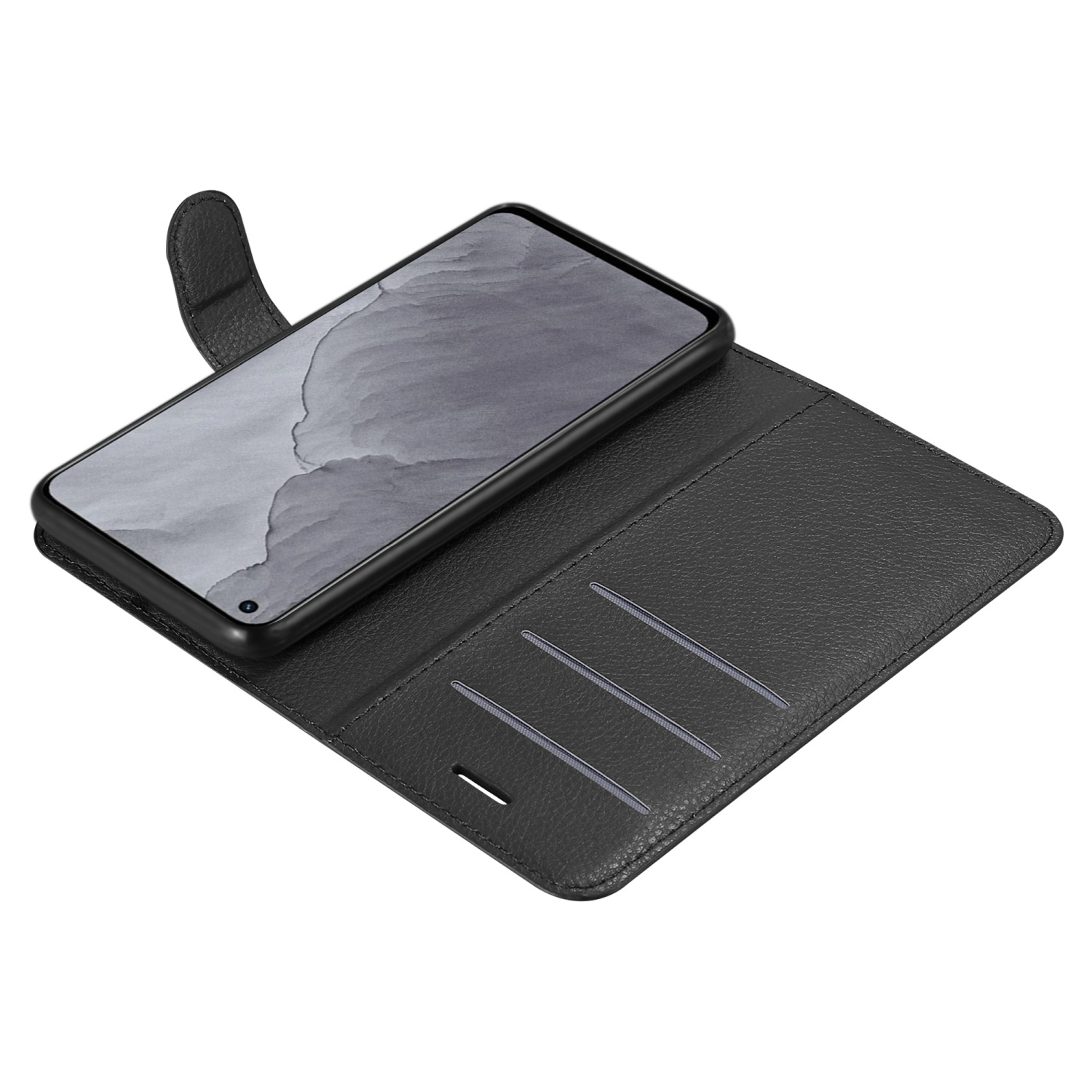 Custodia per telefono nera, con un telefono all'interno e fessure per carte.
