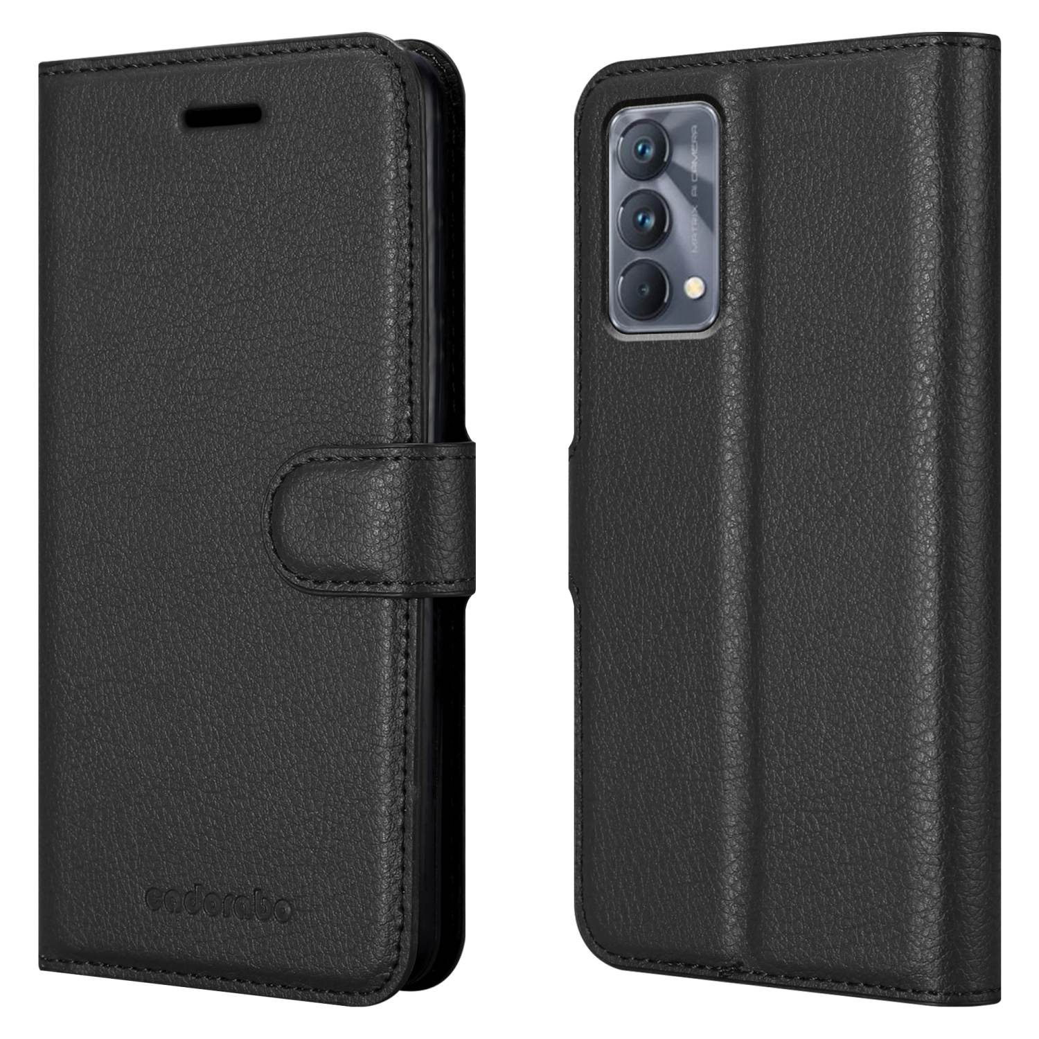 Una custodia per telefono in pelle nera, vista anteriore e posteriore, con un telefono all'interno e una chiusura a bottone.