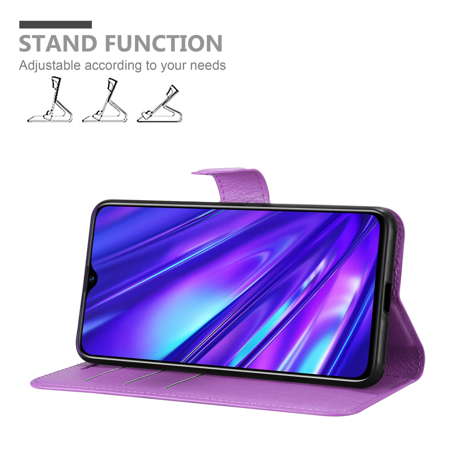 Telefono in custodia viola, puntellato. Testo: Funzione supporto. Regolabile in base alle tue esigenze.