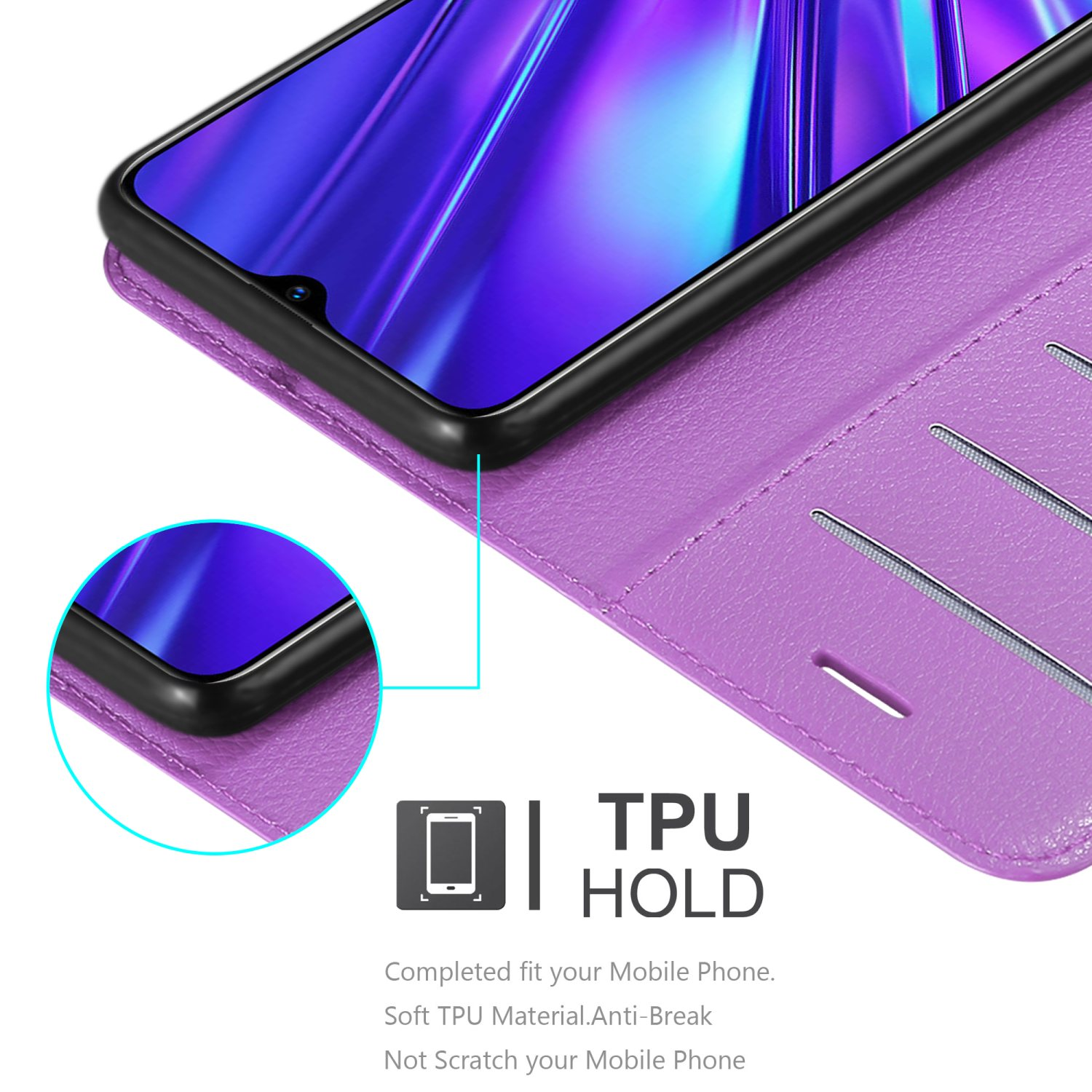 Custodia viola per telefono con un telefono all'interno. Mostra il bordo del telefono. Il testo recita: TPU Hold.