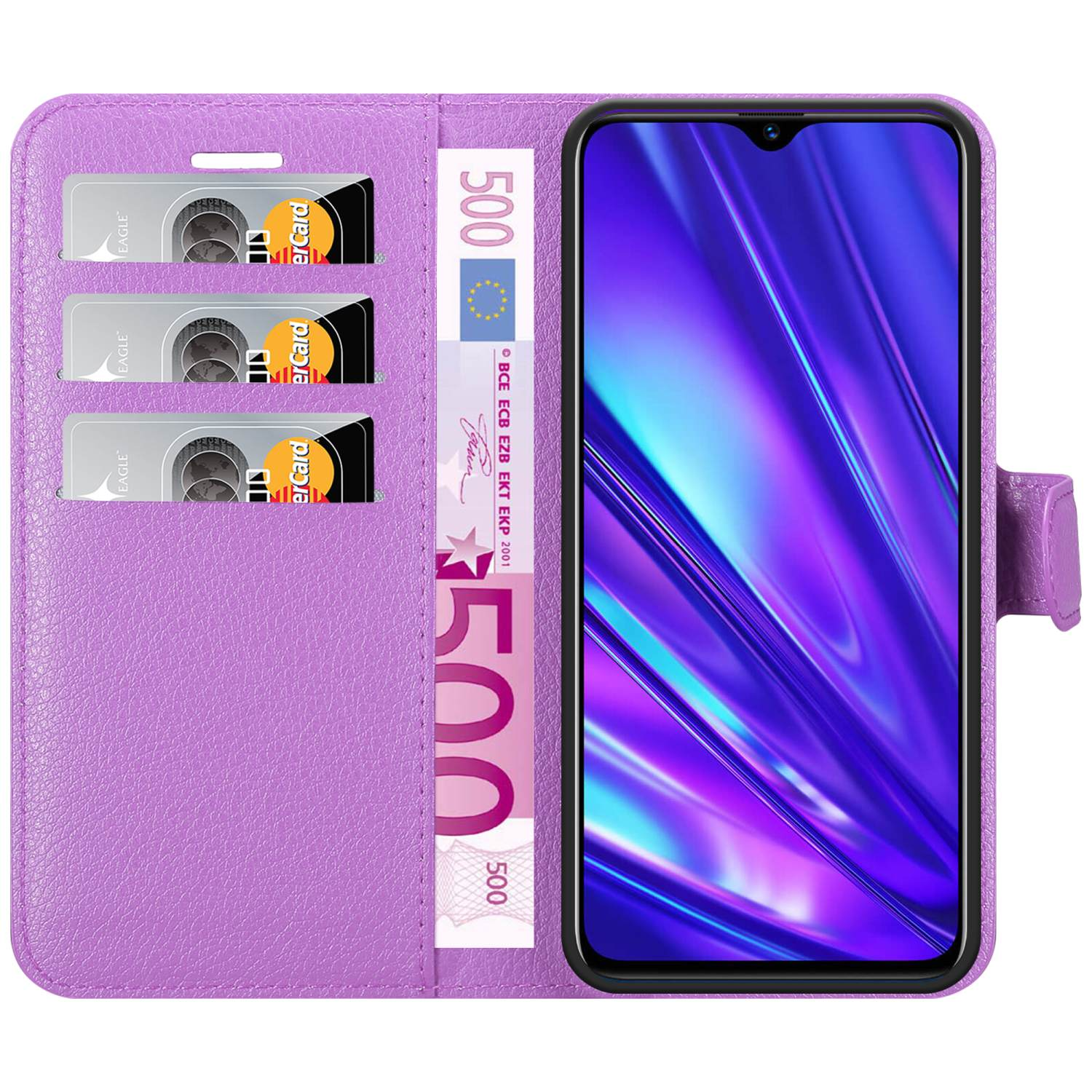 Una custodia per telefono viola aperta, che rivela un telefono e fessure per carte e denaro.