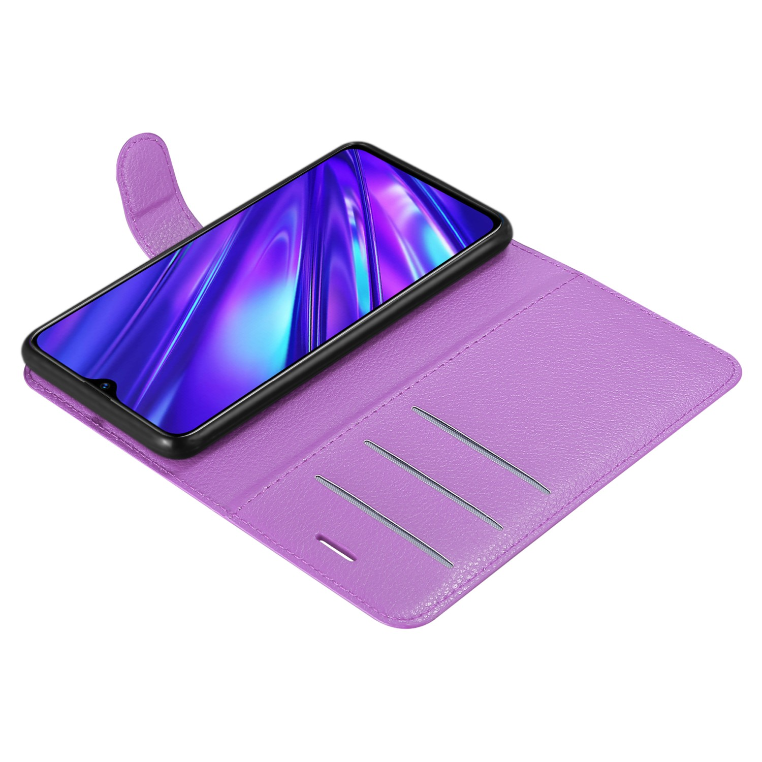 Una custodia viola con un telefono all'interno. Ha fessure per carte e una patta magnetica.
