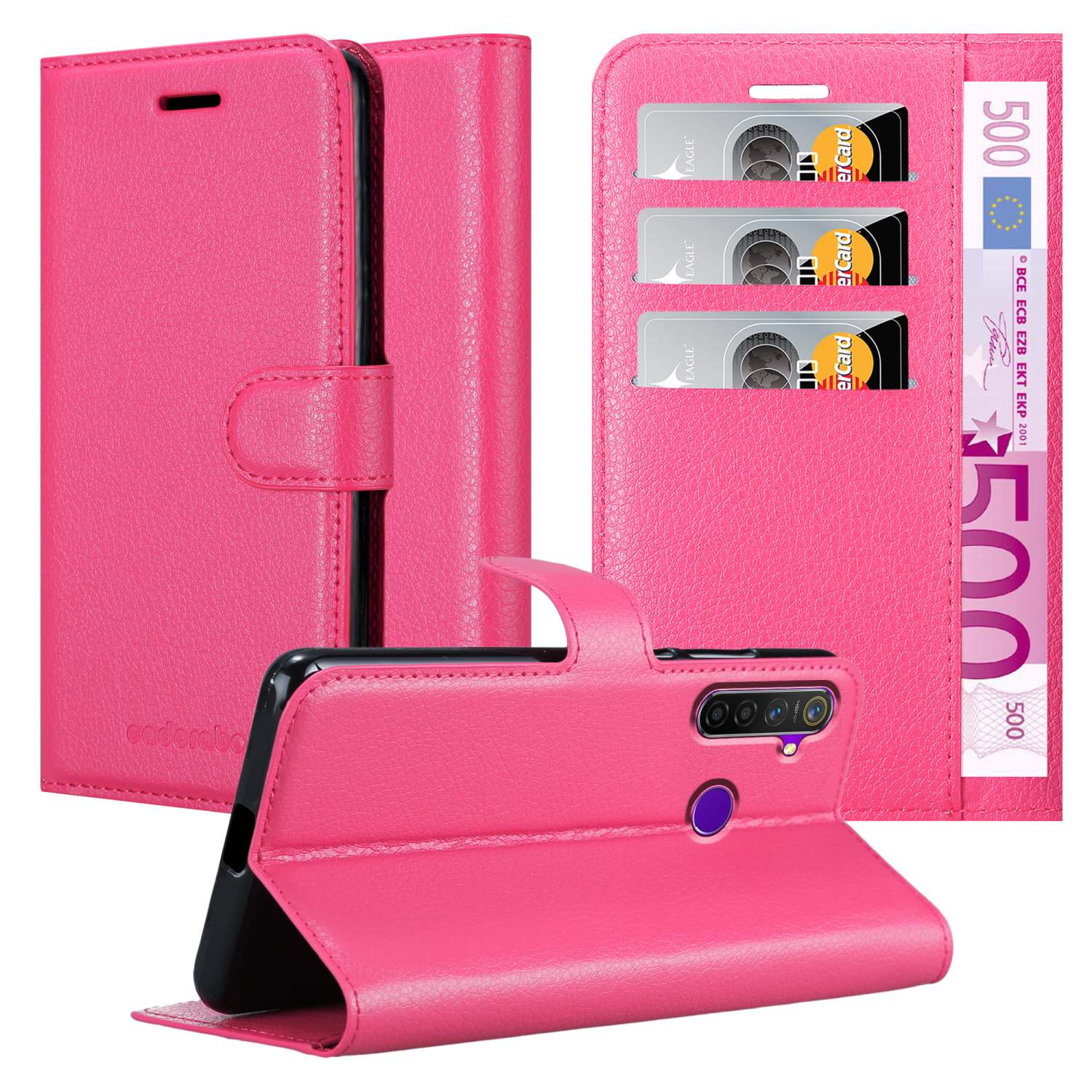 Una custodia per telefono rosa con un telefono all'interno. La custodia è aperta e contiene carte e denaro.