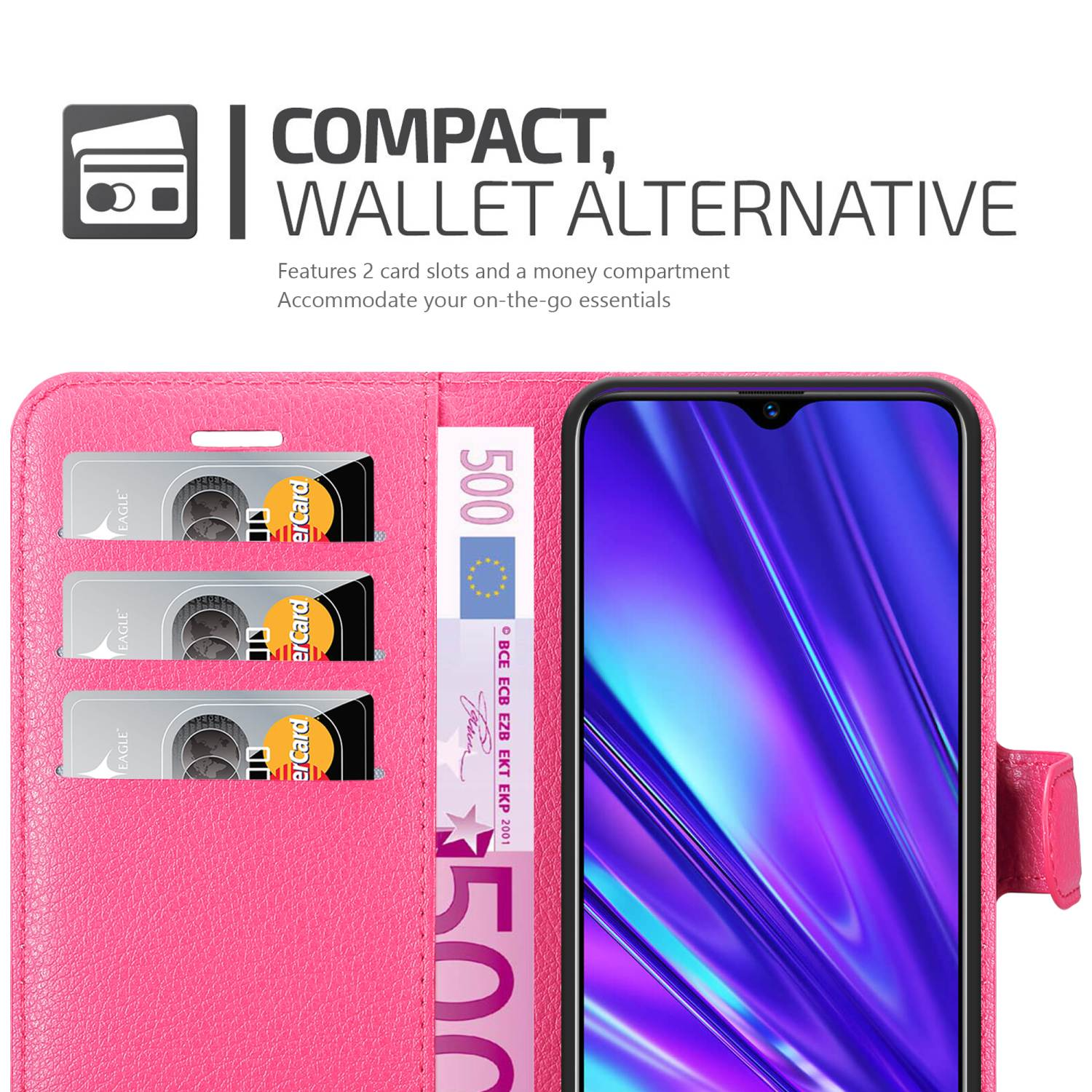 Custodia rosa, aperta, con carte e contanti. Testo: COMPACT WALLET ALTERNATIVE. Illustrazione di carte.