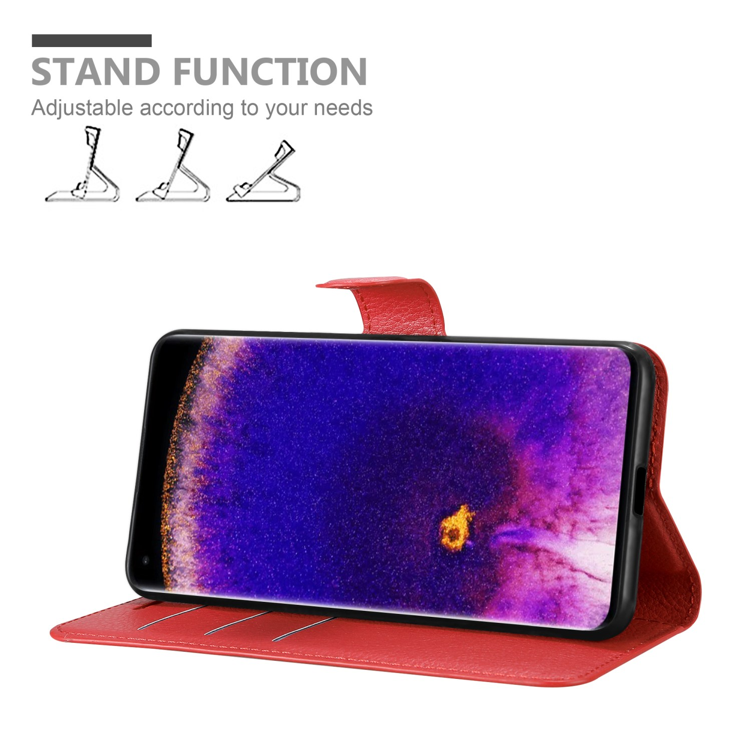Rote Handyhülle mit Ständerfunktion. Der Bildschirm zeigt ein Bild. Text: 'Standfunktion'.
