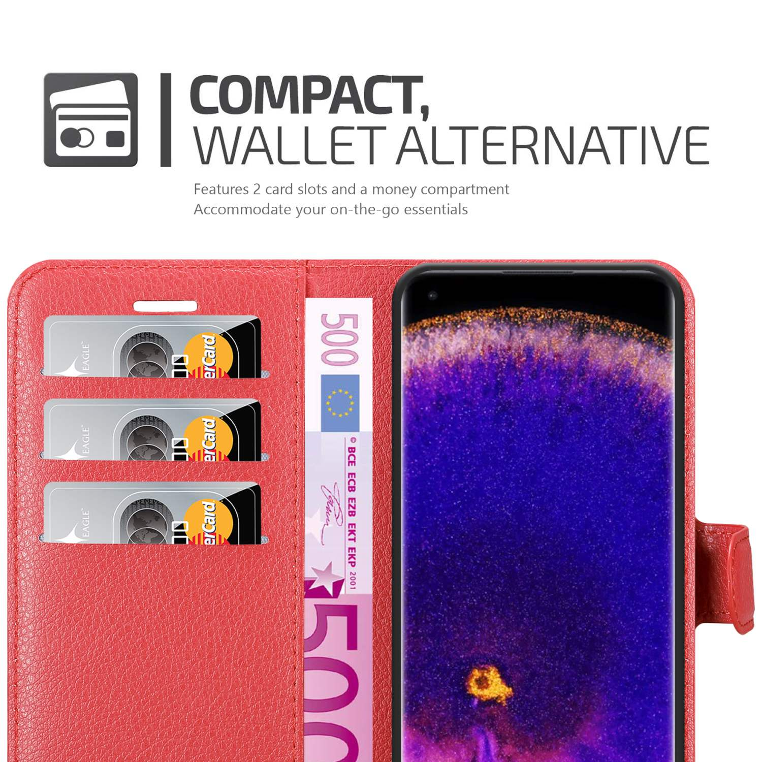 Rote Handyhülle mit Karten und einem 500-Euro-Schein neben einem Smartphone mit violettem Bildschirm.