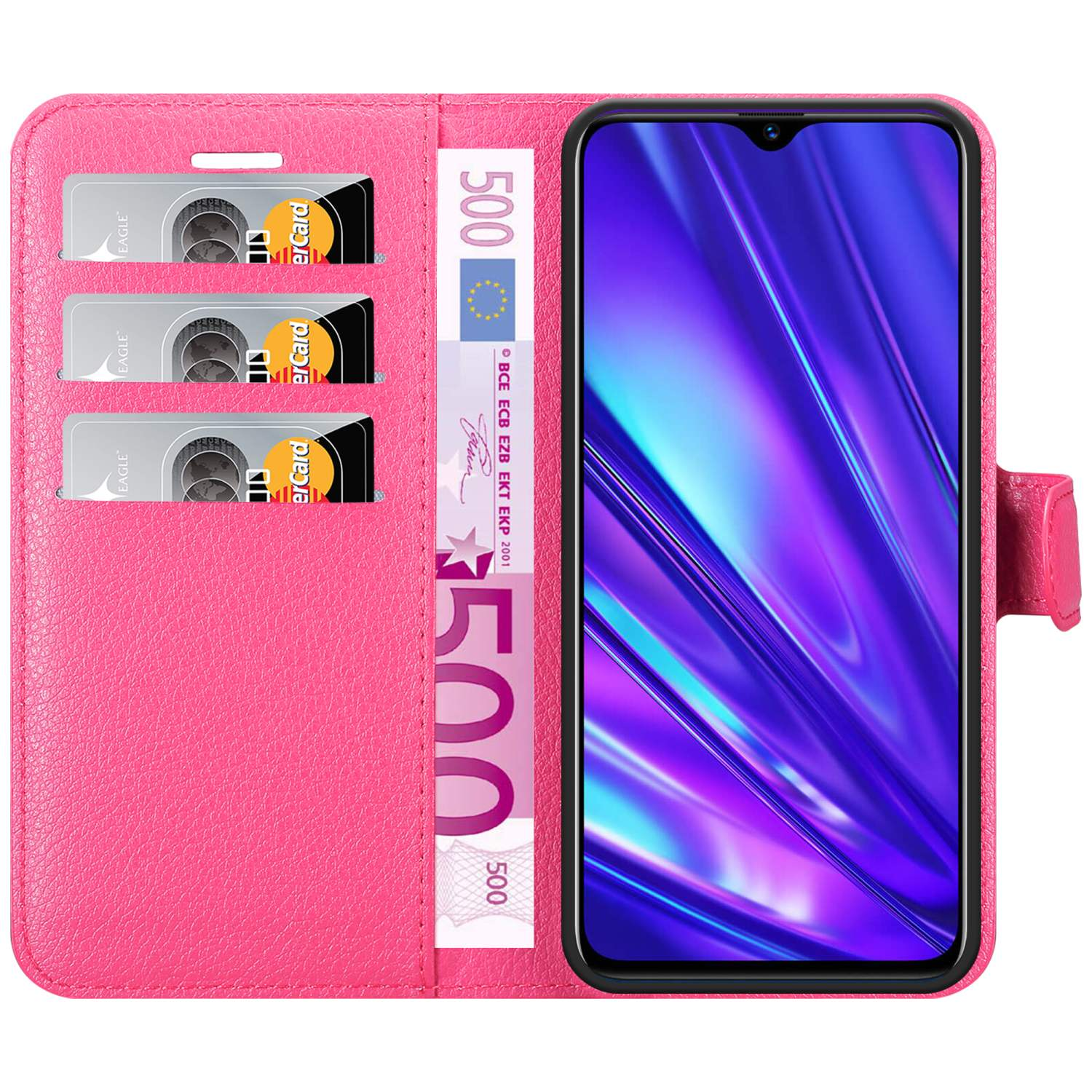 Custodia a portafoglio rosa aperta, con telefono, carte e banconota da 500€.