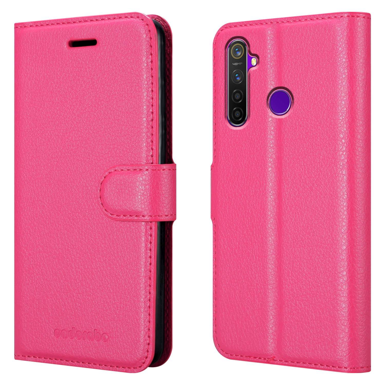 Custodia rosa, chiusa, con il telefono visibile. Testo: Custodia con chiusura magnetica.