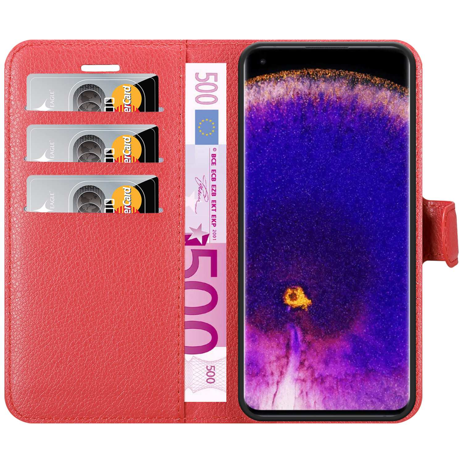 Rote Handyhülle mit Kreditkarten und Geld. Telefon zeigt lilafarbenen und gelben Hintergrund.