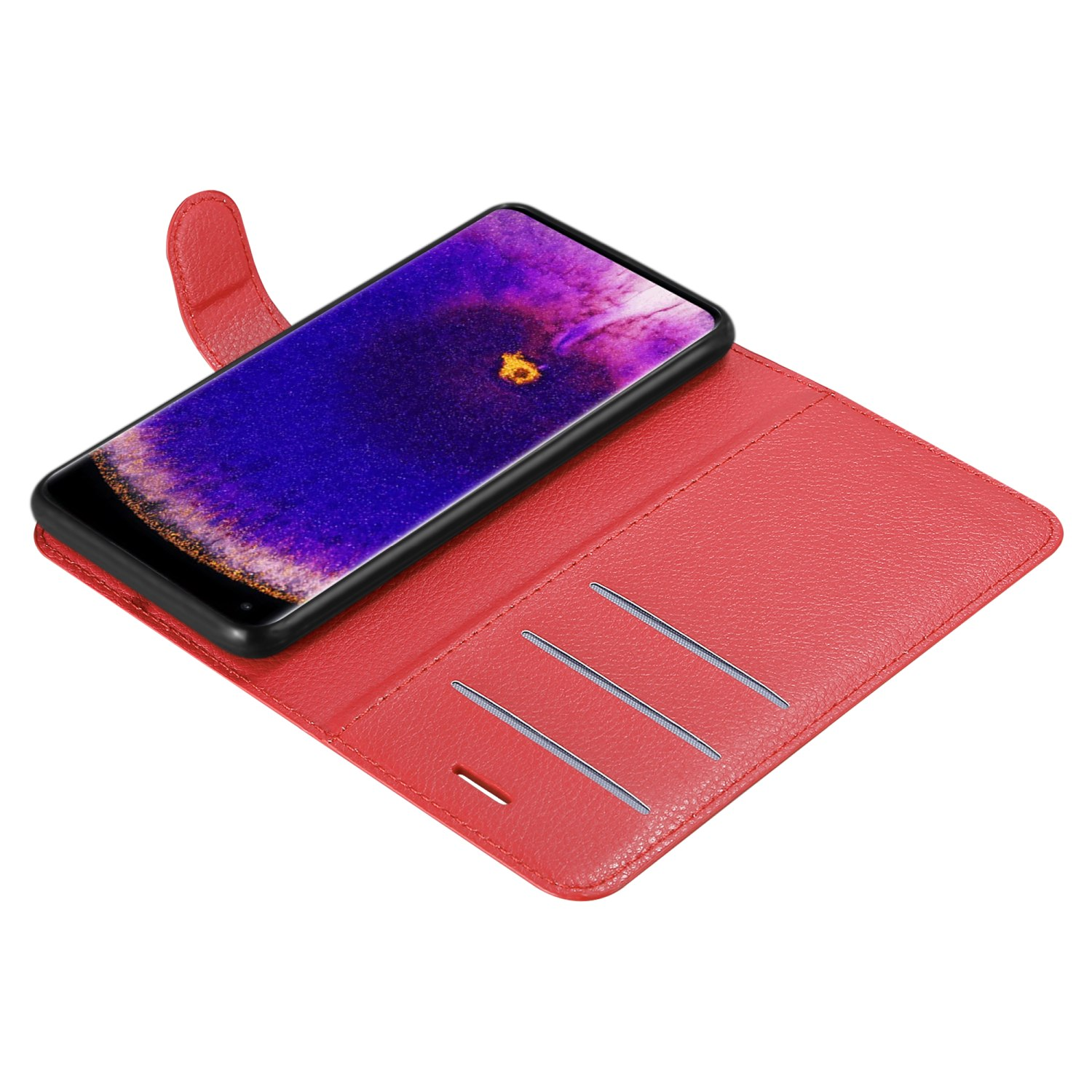 Rote Geldbörsenhülle mit Telefon, zeigt Kartenfächer. Die Hülle ist geöffnet.