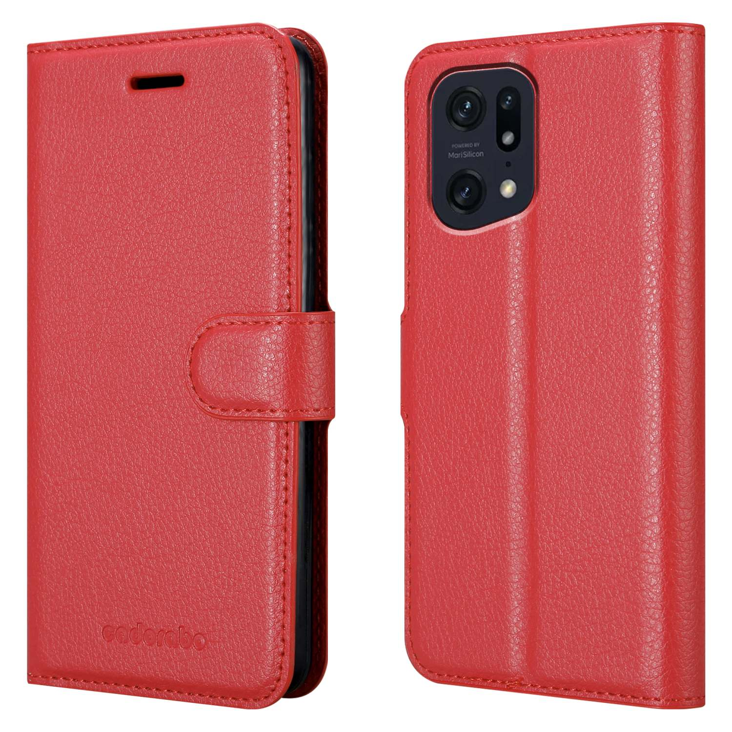 Eine rote Handyhülle ist geöffnet und zeigt das Telefon. Die Hülle besteht aus strukturiertem Leder.