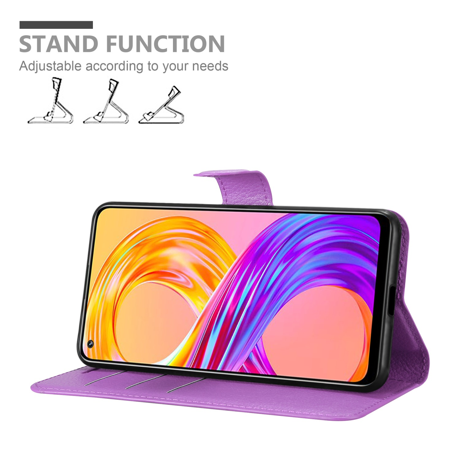Una custodia per telefono viola con un telefono che mostra un'immagine colorata. La custodia ha una funzione di supporto.