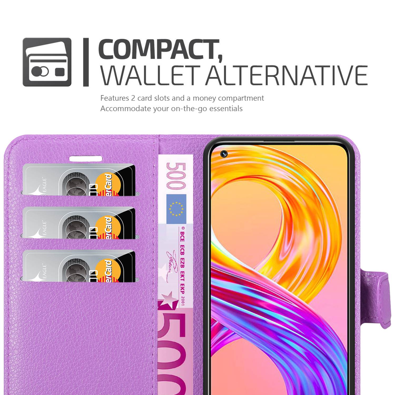 Una custodia per telefono viola con un telefono e tre scomparti per carte. All'interno c'è una banconota da 500 euro. Testo: Compatto, alternativa al portafoglio.