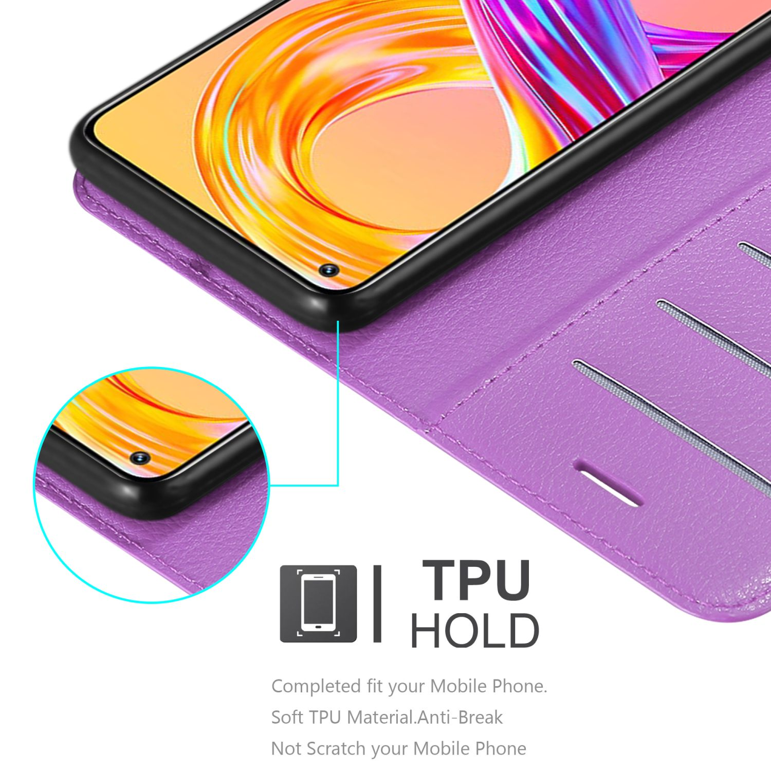 Telefono dentro custodia viola con fessura per carte. Testo: 'TPU HOLD'.