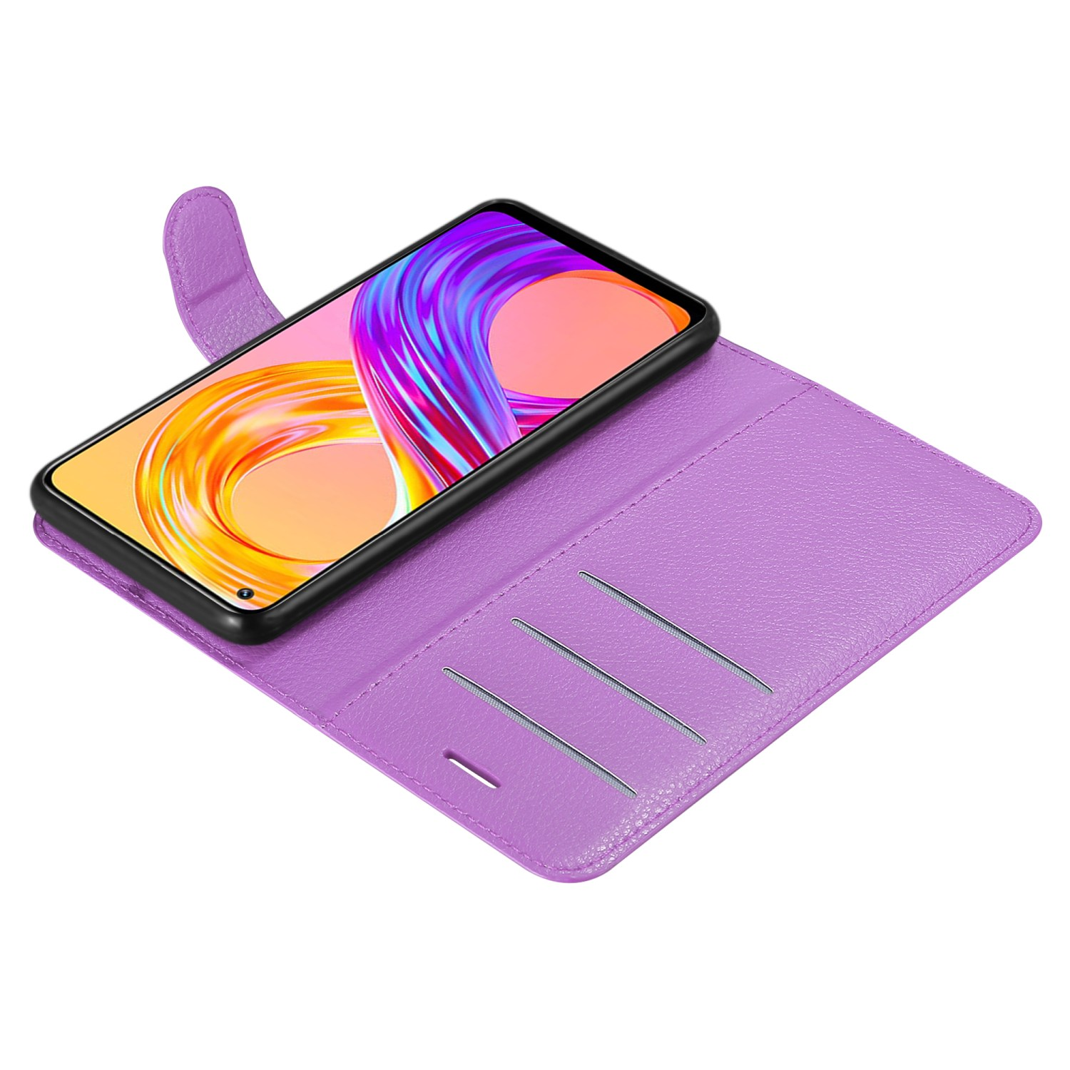 Una custodia per telefono viola è aperta. Il telefono è all'interno della custodia con fessure per carte.