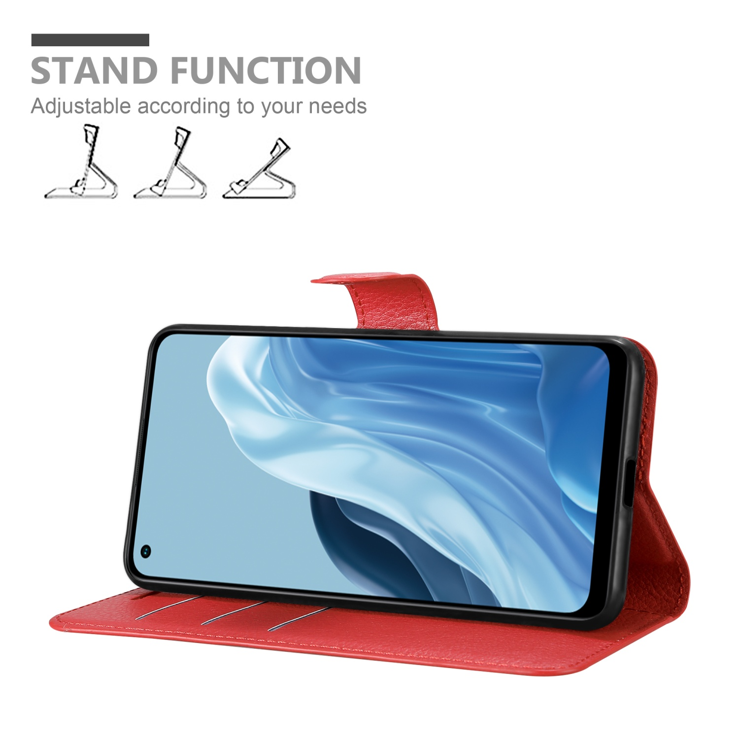 Custodia rossa aperta. Telefono in posizione stand. Display visibile. Sfondo bianco.