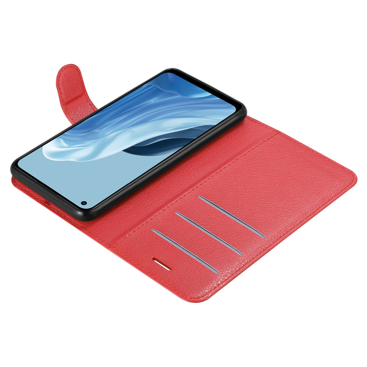 Custodia per telefono rossa, aperta, che mostra un telefono. La custodia ha fessure per carte.