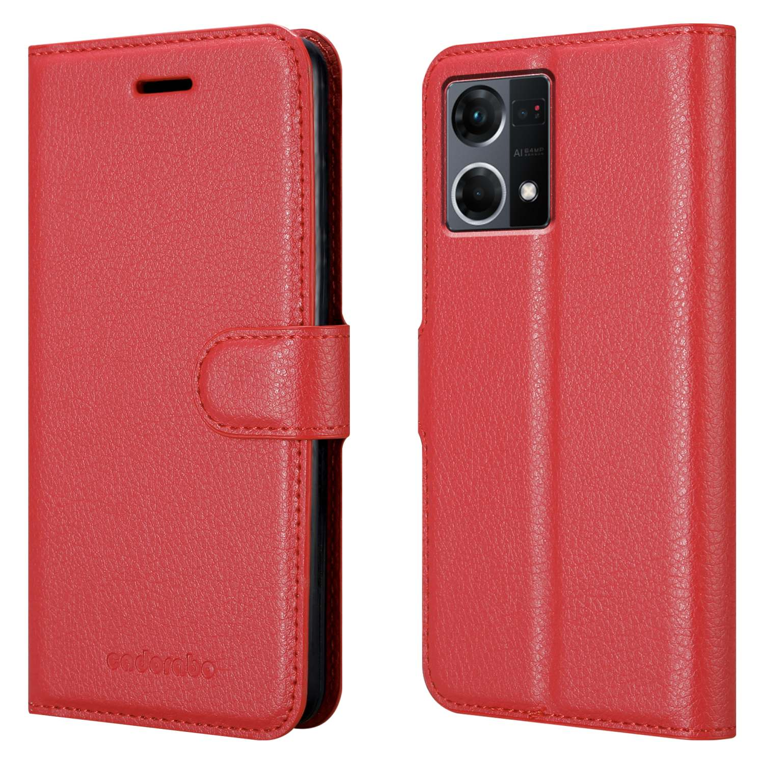 Custodia rossa per telefono chiusa e aperta, mostrando l'interno. La custodia è rossa e ha una chiusura magnetica.