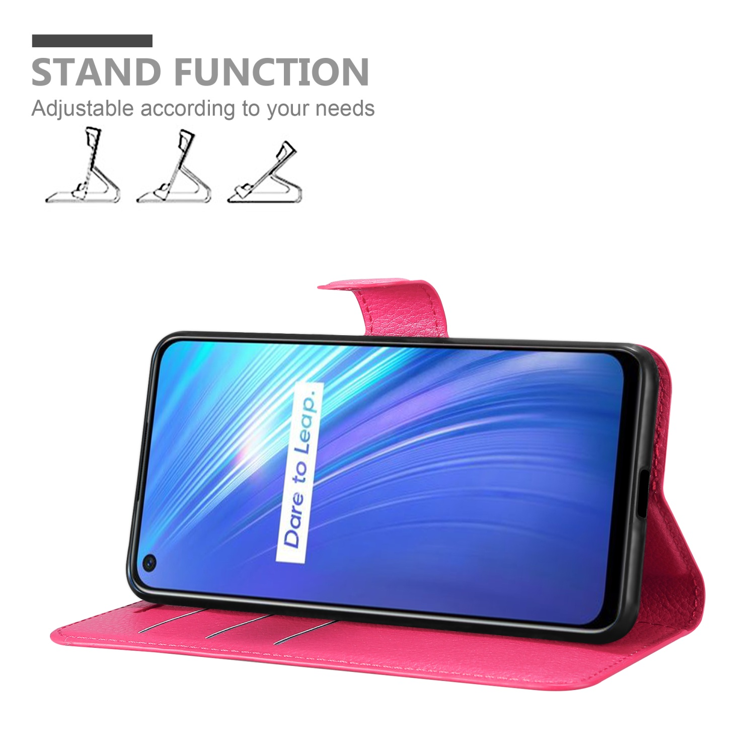 Custodia per telefono rosa in posizione di supporto. Schermo del telefono mostra Dare to Leap. Testo: Funzione supporto.