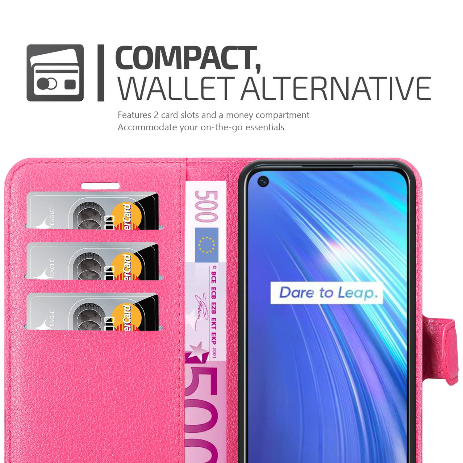 Custodia rosa per telefono con slot per carte e scomparto per denaro. Con telefono e denaro.