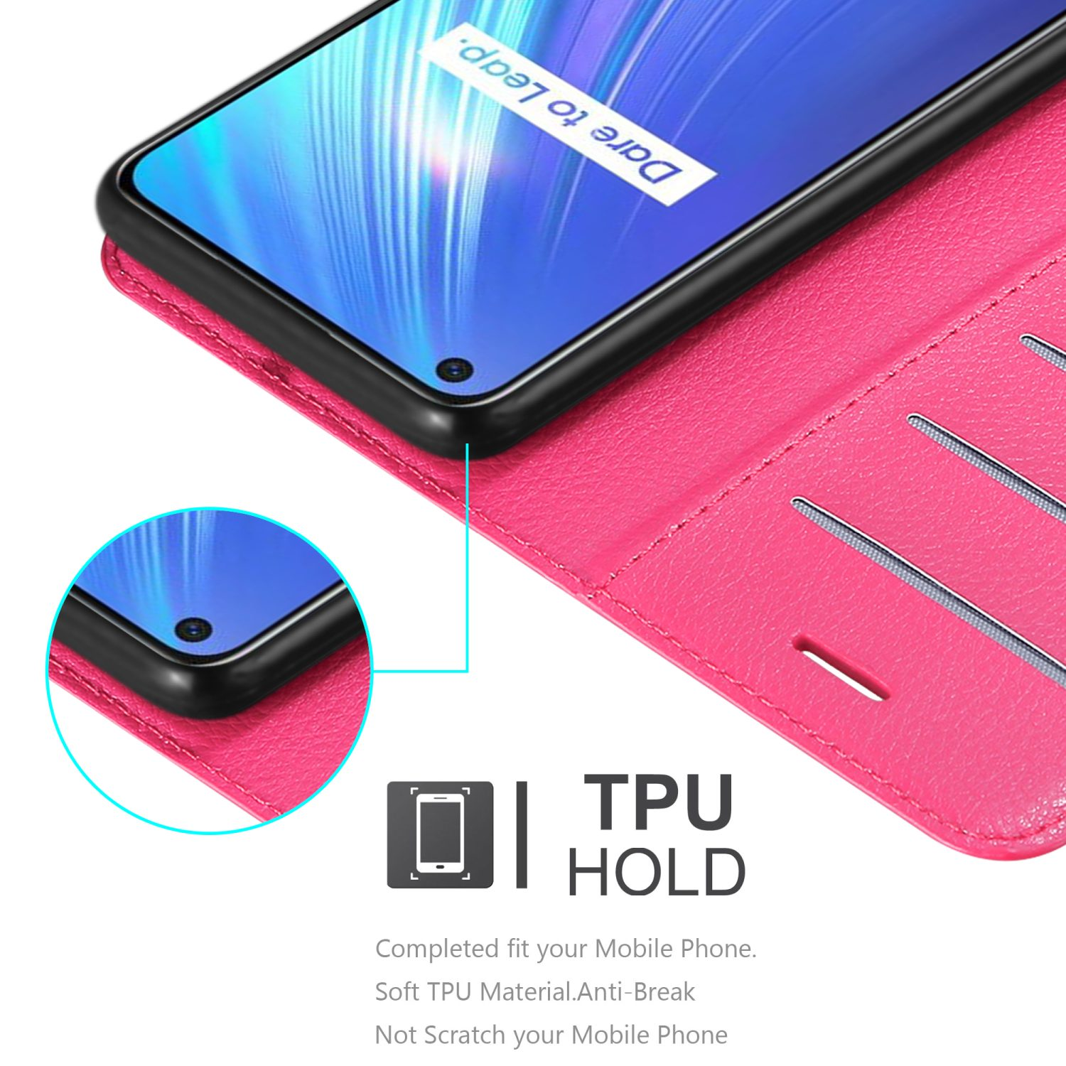 Un telefono in una custodia rosa. La custodia è aperta, mostrando lo schermo del telefono.