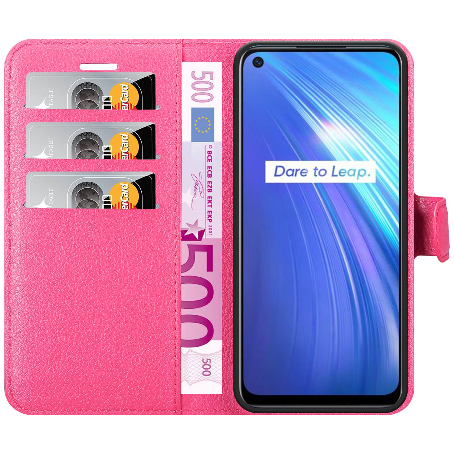 Un portafoglio per telefono rosa con carte e denaro all'interno, e un telefono con lo schermo che dice 'Dare to Leap'.