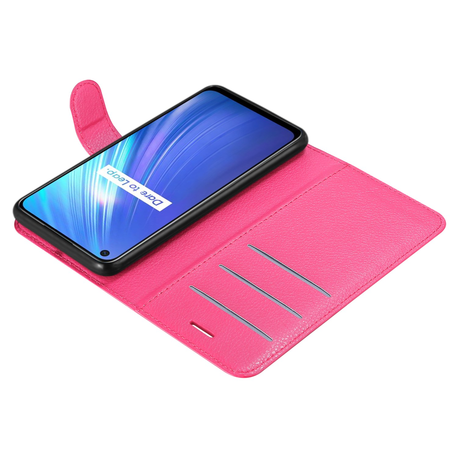 Custodia per telefono rosa con un telefono all'interno. La custodia è aperta, mostrando lo schermo e gli slot.