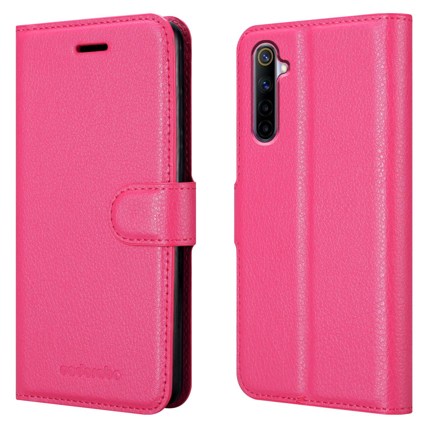 Custodia per telefono rosa, chiusa e aperta, che mostra la parte anteriore e posteriore. La custodia aperta rivela il telefono.