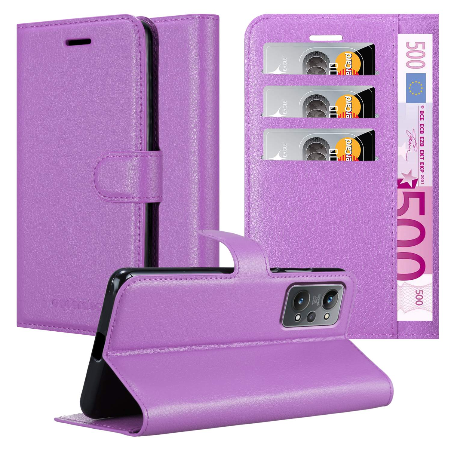 Custodia per telefono viola con telefono all'interno, scomparti per carte e chiusura a scatto. Sfondo bianco.