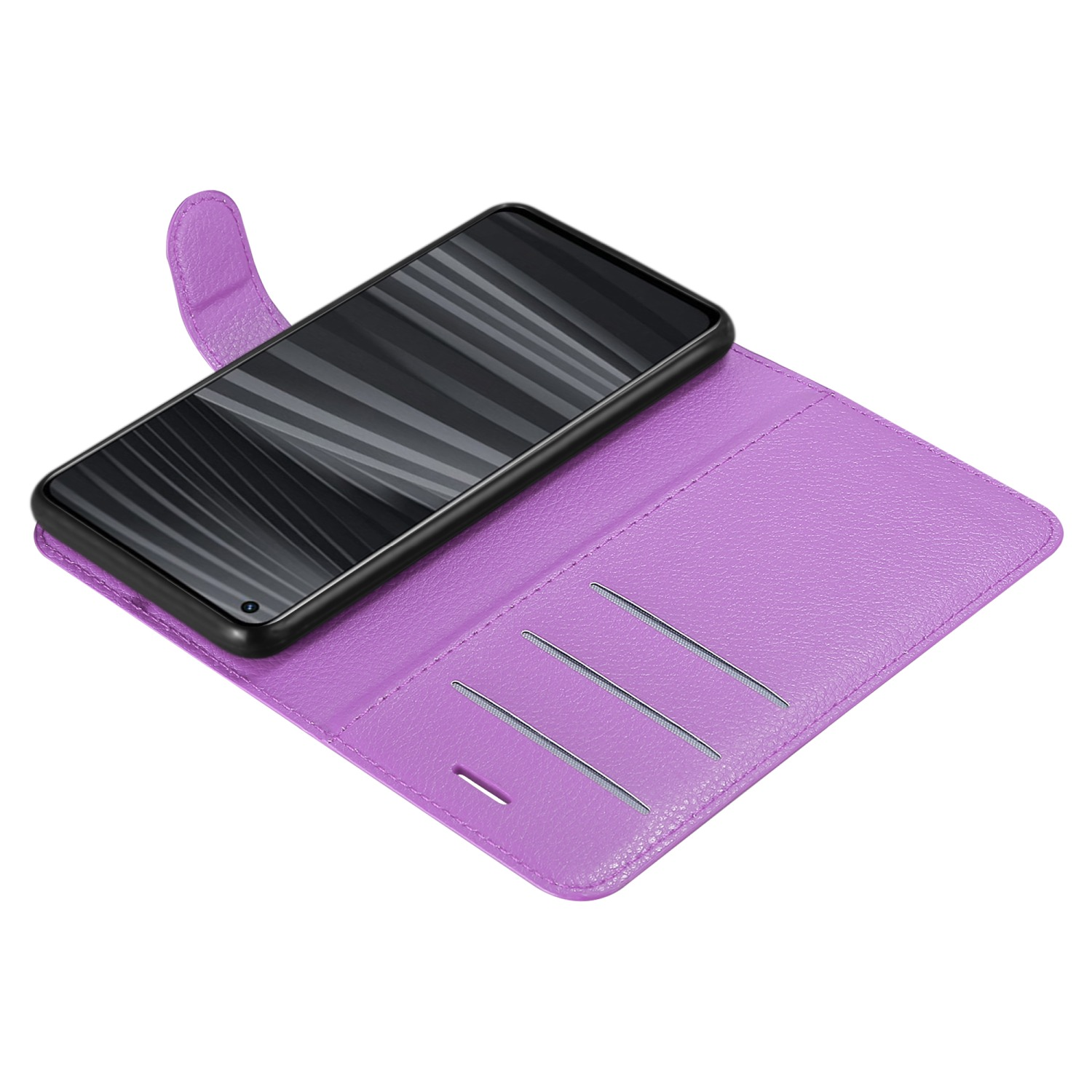 Un telefono in una custodia viola. La custodia ha fessure per carte. Il telefono è nero con bordo viola.