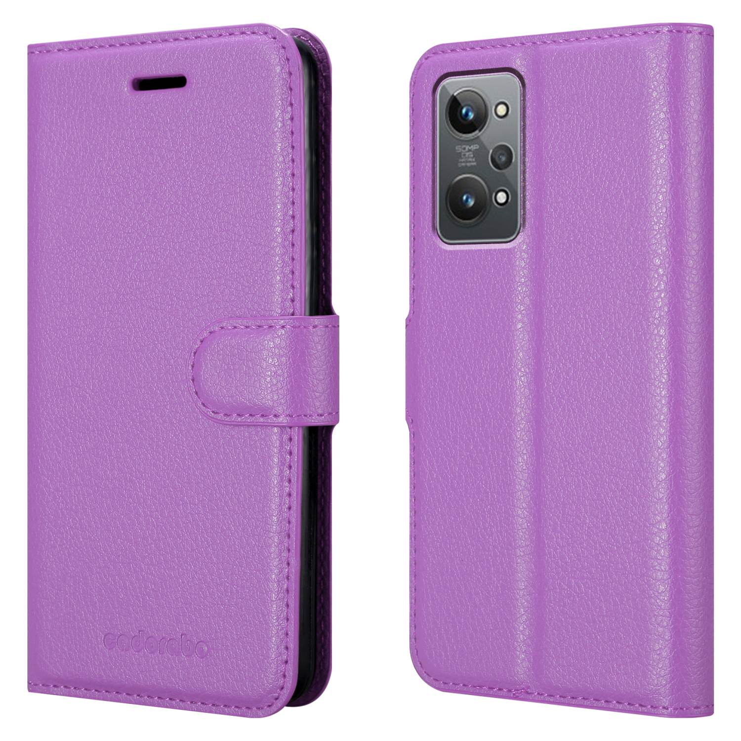 Custodia per telefono viola, chiusa. La custodia ha una patta e una chiusura a bottone. Sfondo bianco.