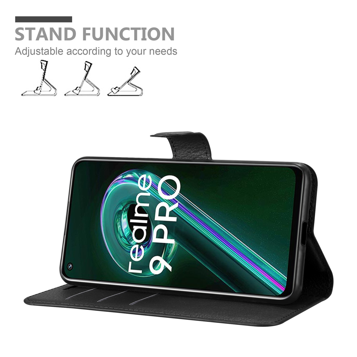 Custodia nera con telefono dentro, funzione supporto. Il telefono mostra un'immagine colorata.