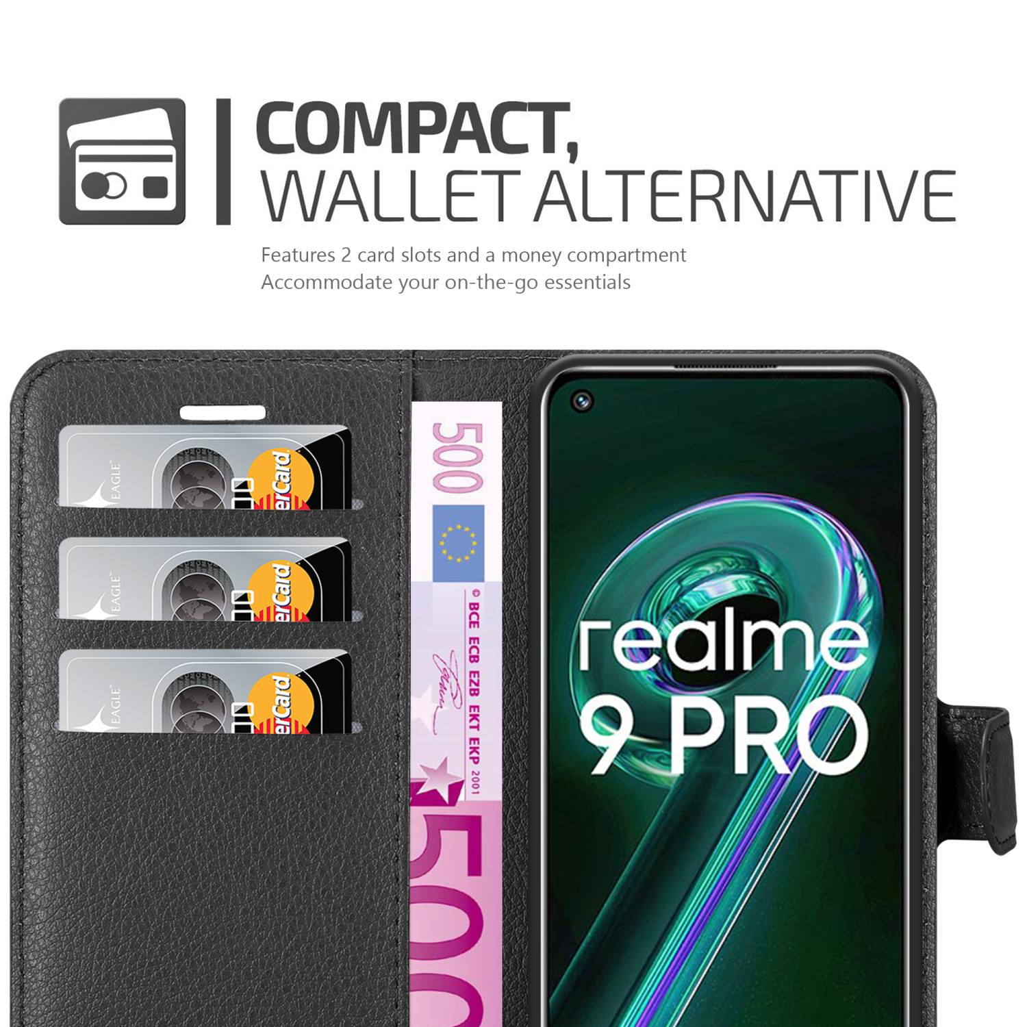 Custodia a portafoglio nera con carte di credito e banconota da 500 euro. Mostra Realme 9 Pro.