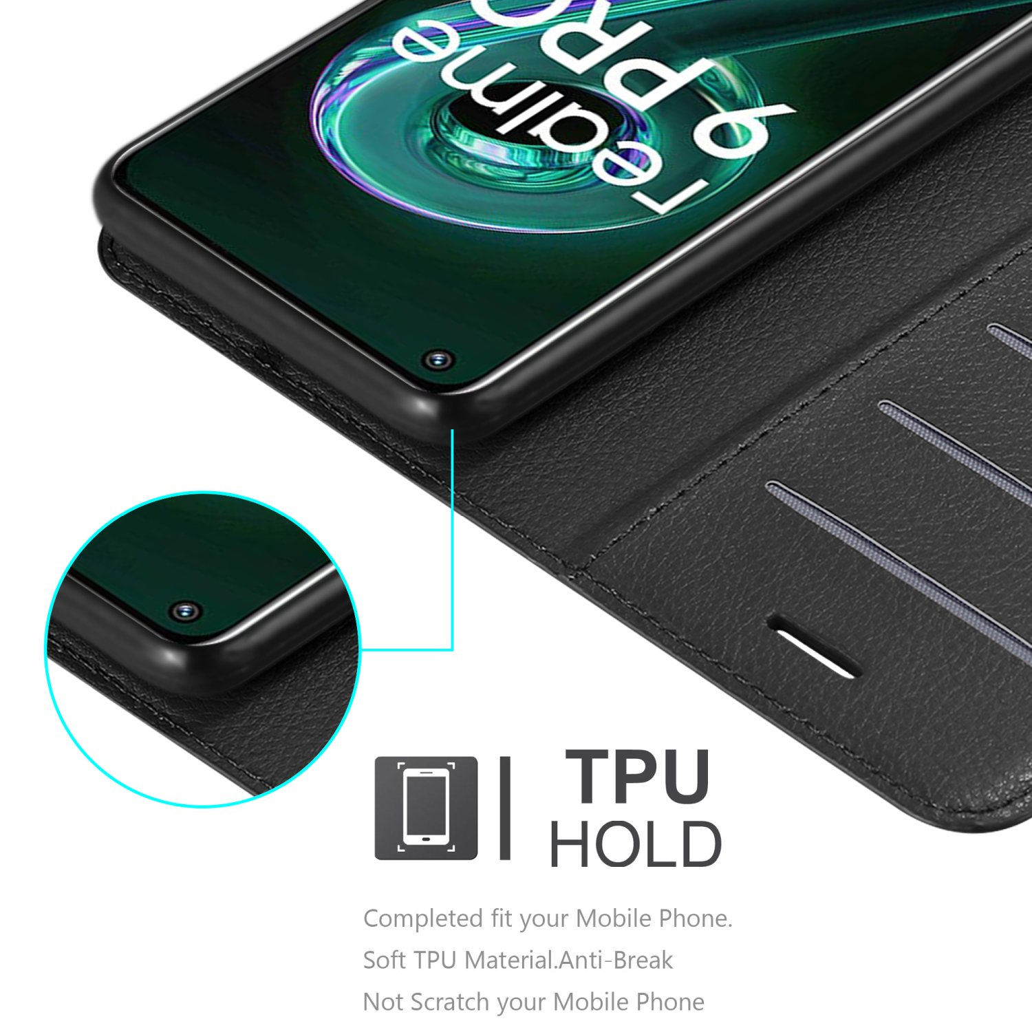 Custodia per telefono nera con telefono all'interno, che mostra la funzione TPU HOLD. Testo sulla custodia: Not Scratch Your Phone.