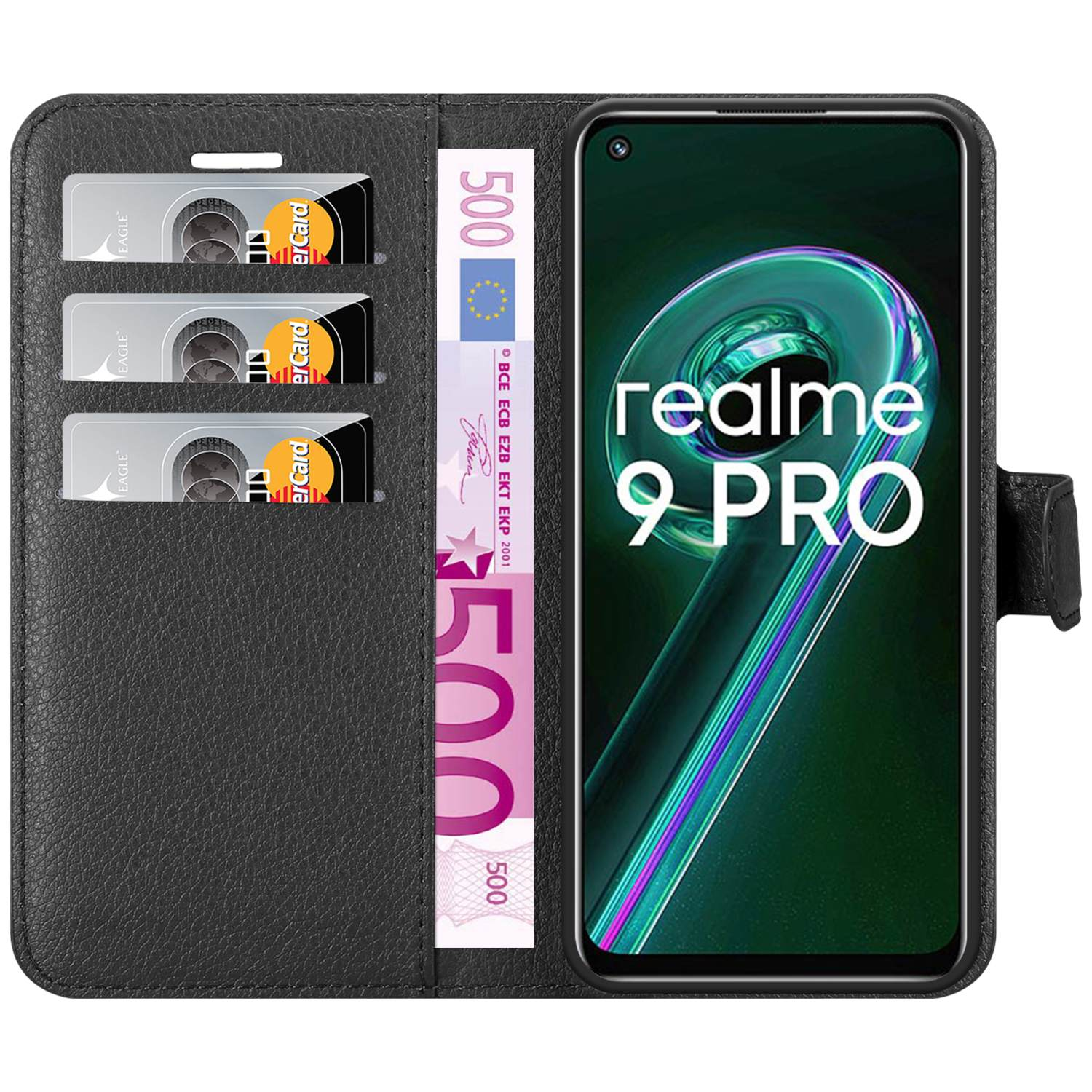 Telefono in custodia nera, aperto, mostra carte e banconota da 500 euro. Realme 9 Pro sullo schermo.