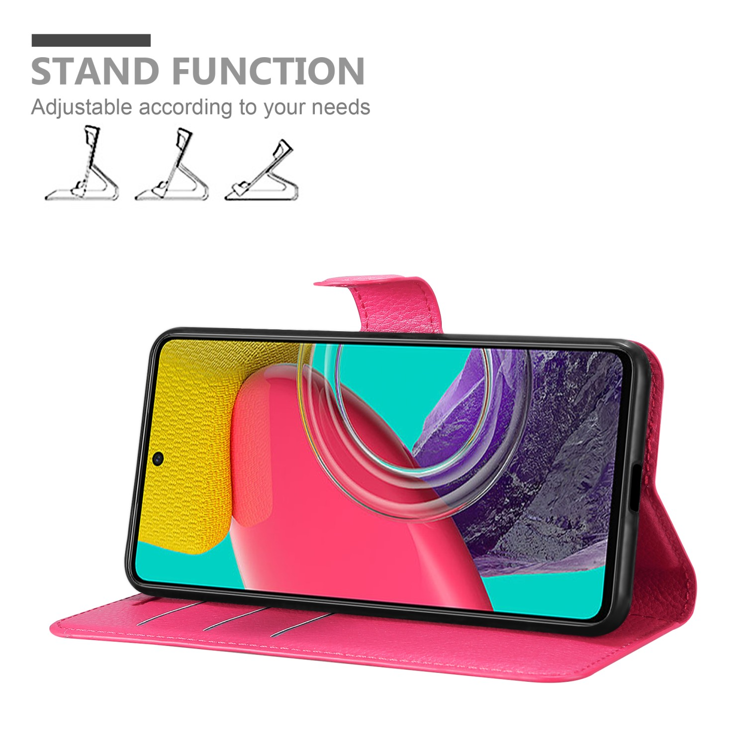 Custodia per telefono rosa aperta, telefono all'interno. Testo: Funzione stand. Il telefono è in piedi.